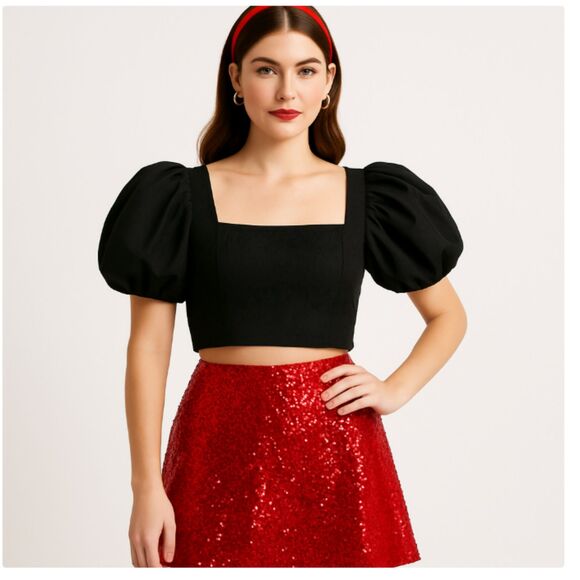 277 Women’s Black Puff Sleeve Crop Top – Square Blouse, Dressy Night Out Top - Picture 1 of 5